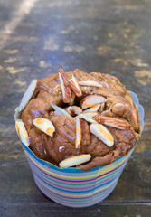 Banana caramel muffin cake on wood table background