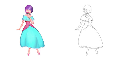 Coloring Book and Princess Girl Character Design Set 4 Beautiful Blue Long Skirt Girl Smell Rose isolated on White Background Realistic Fantastic Cartoon Style Character Story Card Sticker Design