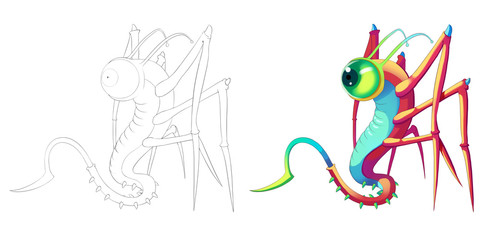 Coloring Book and Monster Creature Character Design Set 49 Snake Locust Mantis Insect Creature Monster isolated on White Background Realistic Fantasy Cartoon Style Character Story Card Sticker Design