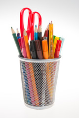 School supplies in pencil box, close-up