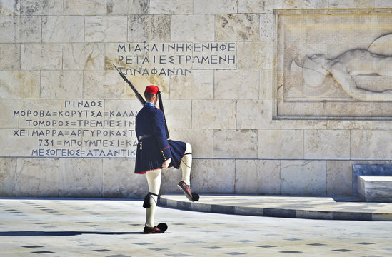 greek evzones - greek tsolias - guarding the presidential mansion in front of the tomb of the unknown soldier - army infantry