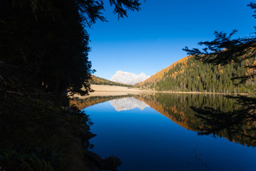 Reflections on water, autumn panorama from mountain lake