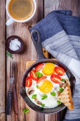 breakfast: fried eggs with tomatoes and mushrooms
