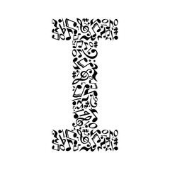 I letter made of musical notes on white background. Alphabet for art school. Trendy font. Graphic decoration.