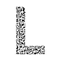 L letter made of musical notes on white background. Alphabet for art school. Trendy font. Graphic decoration.