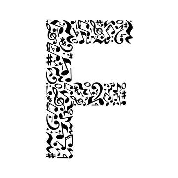 F letter made of musical notes on white background. Alphabet for art school. Trendy font. Graphic decoration.