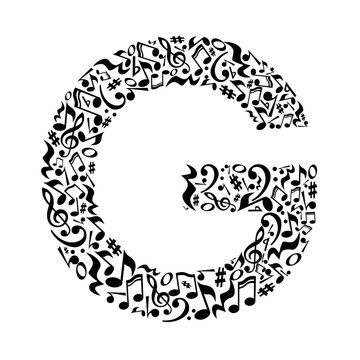 G letter made of musical notes on white background. Alphabet for art school. Trendy font. Graphic decoration.