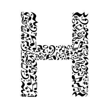 H letter made of musical notes on white background. Alphabet for art school. Trendy font. Graphic decoration.
