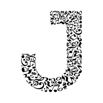 J letter made of musical notes on white background. Alphabet for art school. Trendy font. Graphic decoration.