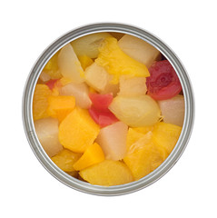 Top view of an opened can of fruit cocktail isolated on a white background.