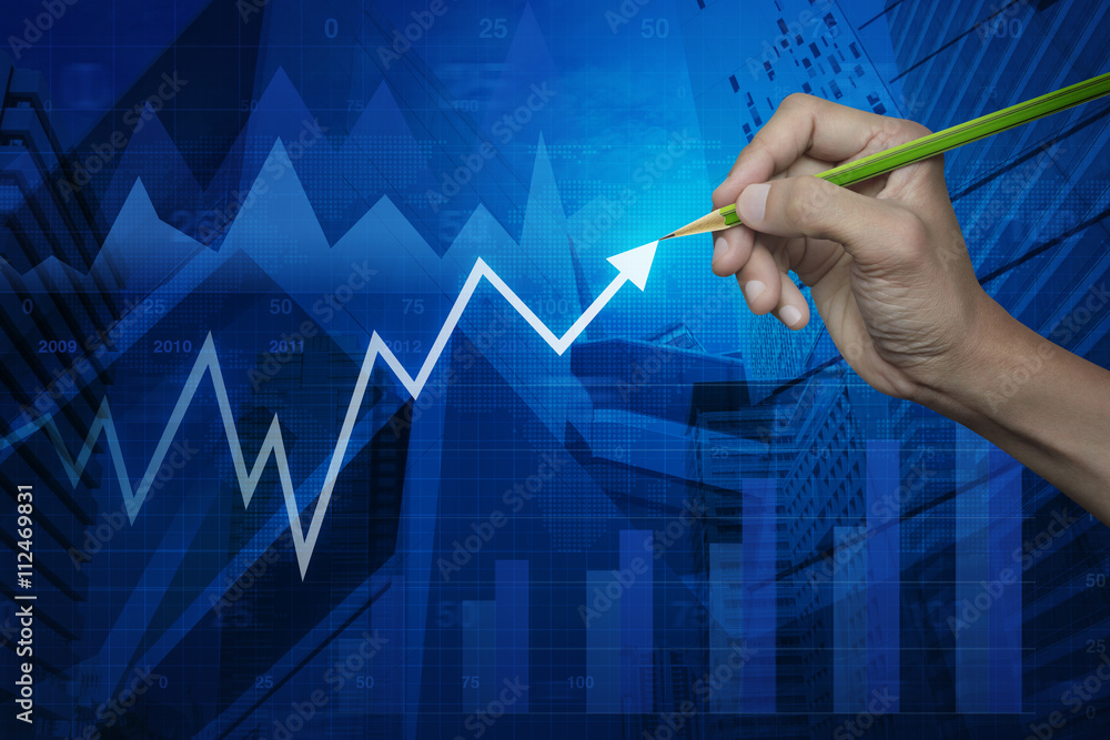 Poster hand pointing pencil to arrow business chart and graph over map