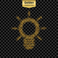 Gold glitter vector icon of bulb camera isolated on background. Art creative concept illustration for web, glow light confetti, bright sequins, sparkle tinsel, abstract bling, shimmer dust, foil