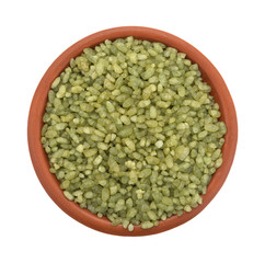 Top view of bamboo rice in a small bowl isolated on a white background.