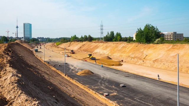 Preparatory work before asphalting on a large highway, time-lapse