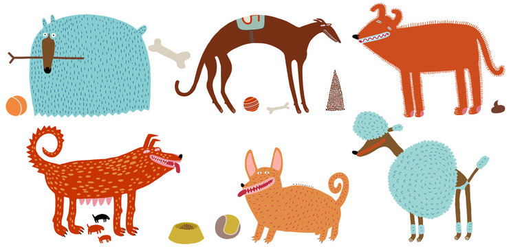 The vector illustration of various blue and orange dogs