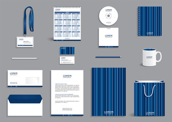 Business stationery set template, corporate identity design mock-up, stationery set with modern blue pattern with stripes, vector illustration