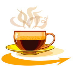 Cup of hot coffee, glass, arrow.