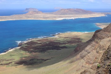 On the west coast of Lanzarote: View of the island La Graciosa with the town Caleta de Sebo. Seen from the viewpoint Mirador de Guinate.