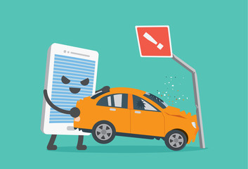 Telephone lifting a car crash with road signs. This illustration meaning to using a phone while driving make car accident