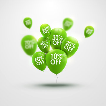 Trendy Beautiful Background With Green Baloons And Discounts