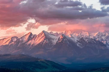Wall murals Bestsellers Mountains Beautiful spring panorama over Spisz highland to snowy Tatra mountains in the morning, Poland