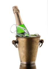 Bottle of champagne in bucket on a white background