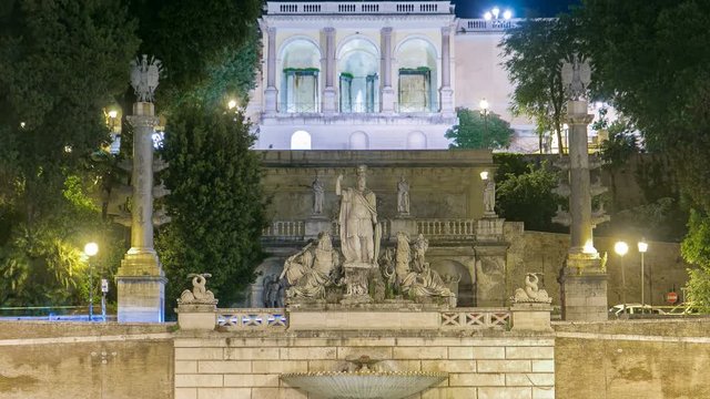 Fountain of Dea Roma timelapse in Piazza del Popolo with Pincio terrace in the background