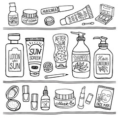 Hand drawn vector illustration set of make up and cosmetics. Black and white make up collection for shop and spa.
