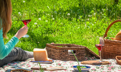 Picnic with red wine