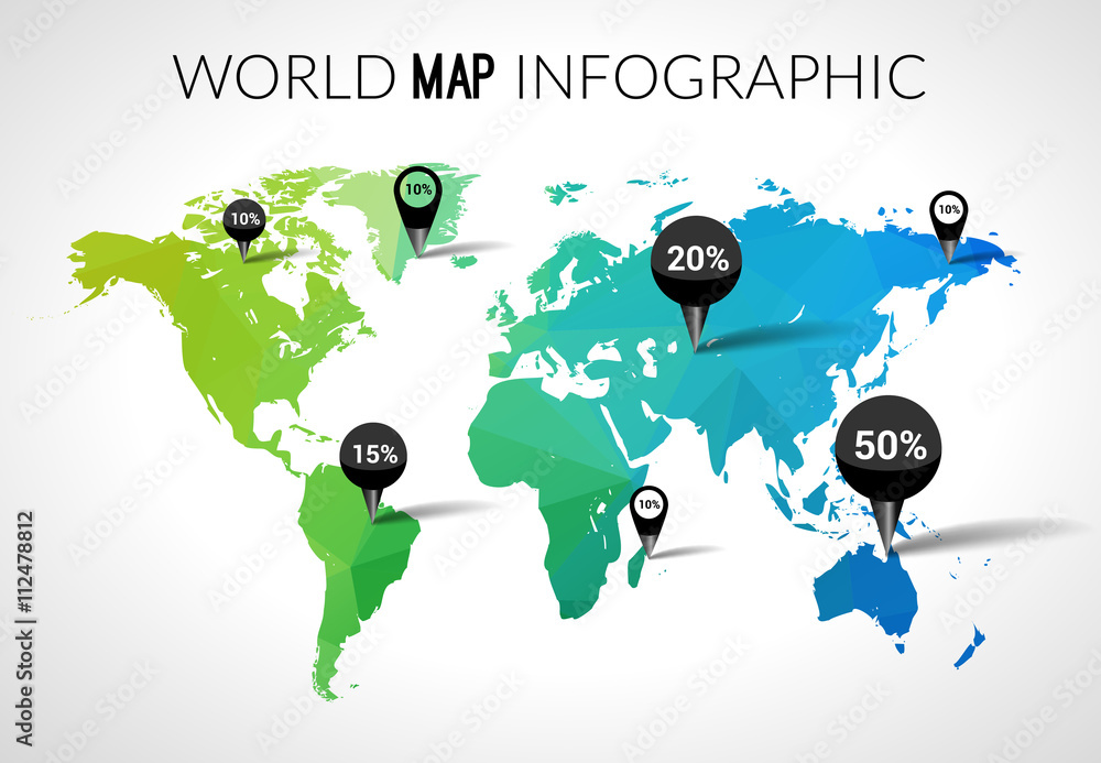 Poster vector 3d world map with points and percantage. triangle green blue travel globe world map infograph