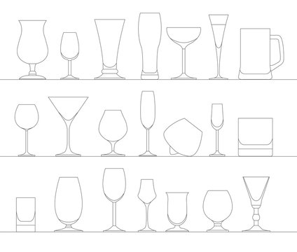 Alcohol Glasses Flat Icon Set. Different Alcohol Beverages