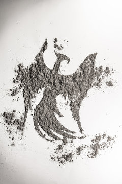 Phoenix, eagle bird drawing in ash as life, death symbol