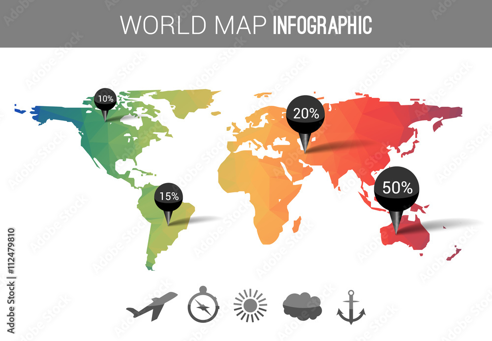 Poster vector 3d world map with points and percantage. triangle green red globe travel world map infographi