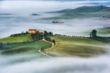 Fototapeta premium Amazing scenery of idyllic countryside with rolling hills veiled