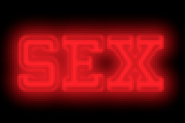 Abstract inscription sex on a black background, glass effect, red neon sign "sex" behind glass