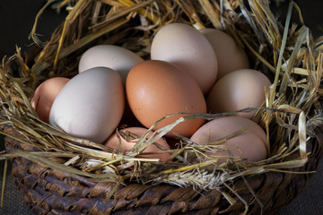 Homemade eggs in a basket with straw