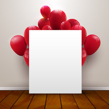 Template poster in interior background with red balloons on the wooden floor, 3d vector illustration
