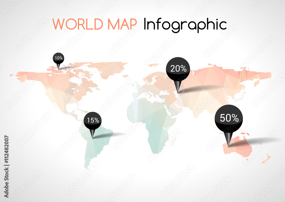 Poster abstract world map with tags, points and destinations.