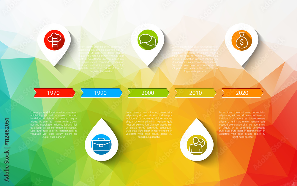 Poster infographic timeline design concept - template with points and outline icons. idea to display inform
