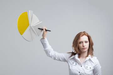 Woman shows a pie chart, circle diagram. Business analytics concept.