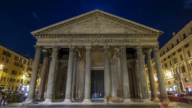 Night timelapse hyperlapse of Pantheon, ancient architecture of Rome, Italy