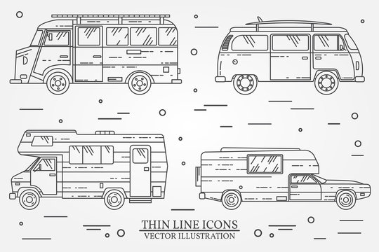 Set of cars for camping.  Car and camper set.  Summer trip family travel concept.   For web design and application interface, also useful for infographics. Vector dark grey.