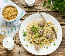 Steamed spicy bulgur with minced beef meatballs for dinner