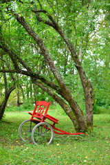 Fototapeta premium Red cart next to leaning trees. Finland.