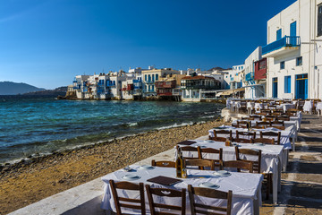 Greece. Cyclades Islands - Mykonos. Mykonos town (Chora) - 'Little Venice'. Selective focus in the foreground