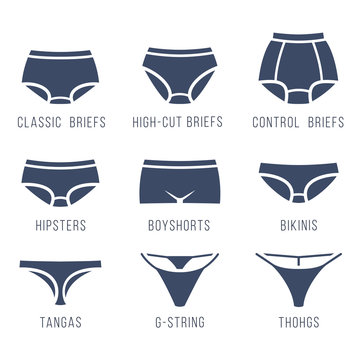 Female panties types flat silhouettes vector icons set. Woman underwear  fashion styles collection. Front view. Underclothes infographic design  elements. Classic briefs, bikini, string, tanga, thong Stock Vector | Adobe  Stock
