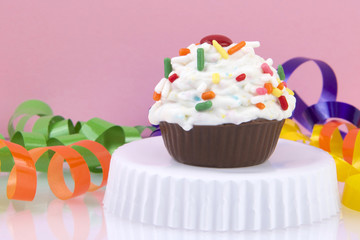 CupCake Candy Cake Ball with pink background party streamers