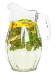 side view of glass pitcher with natural lemonade