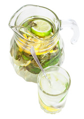 above view of pitcher and tumbler with lemonade