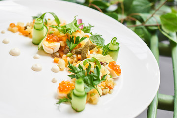 Healthy tomorrow of Russian salad served on a white plate